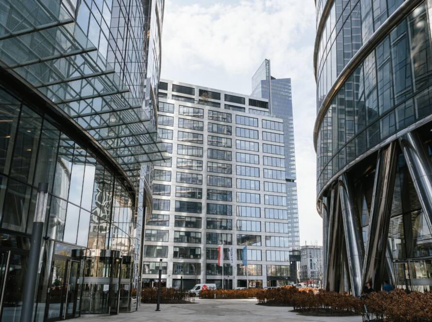 Glass office towers in a commercial plaza
