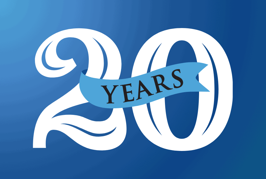 20 Years anniversary graphic in white on a blue background