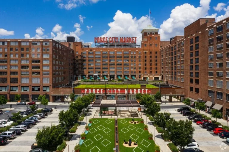 Aerial view of Ponce City Market at 675 Ponce de Leon Ave with its courtyard and signage