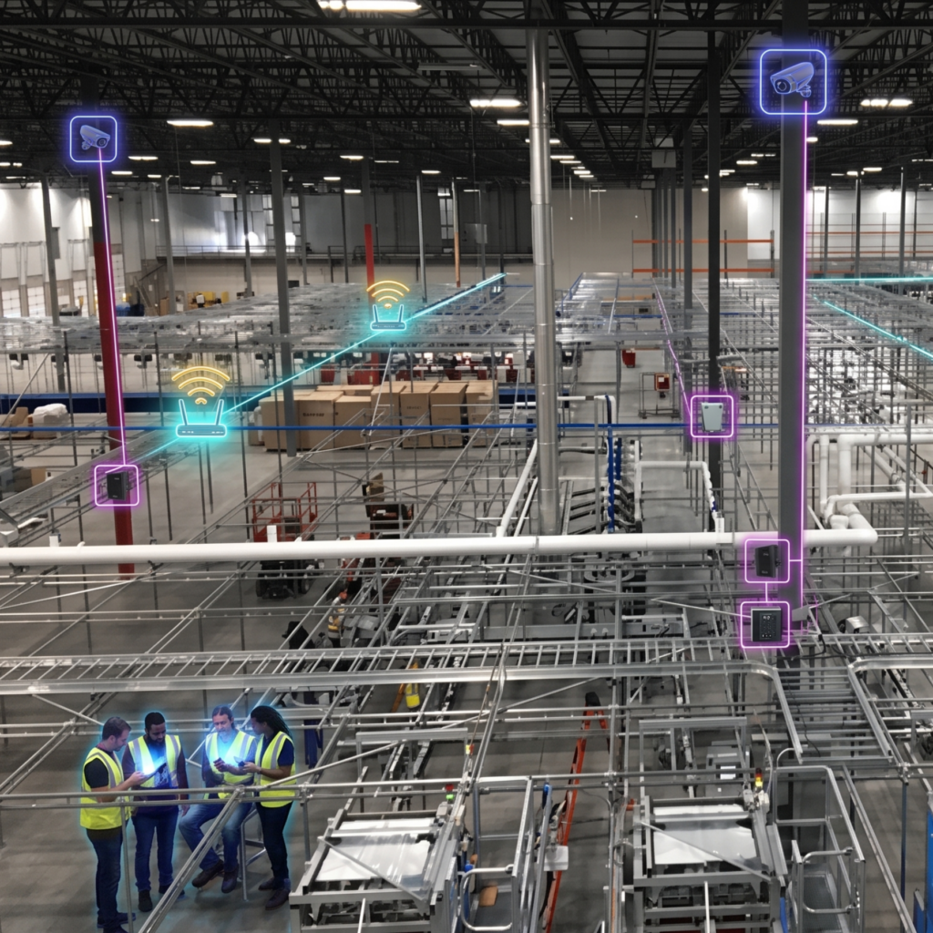 Rendering of a Rent the Runway fulfillment center with staff and highlighted network devices