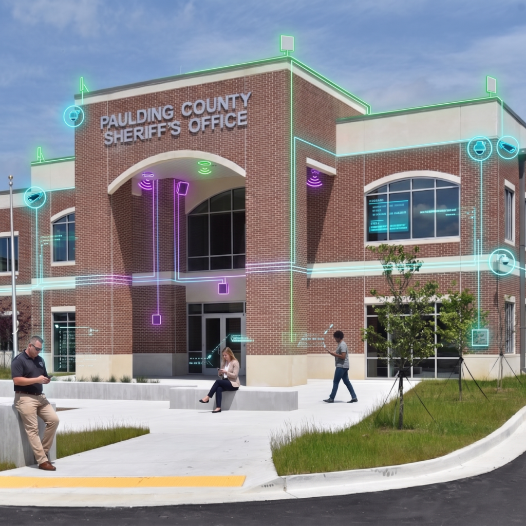 Rendering of the Paulding County Sheriff's Office exterior with glowing overlays of security cameras, Wi-Fi and cabling