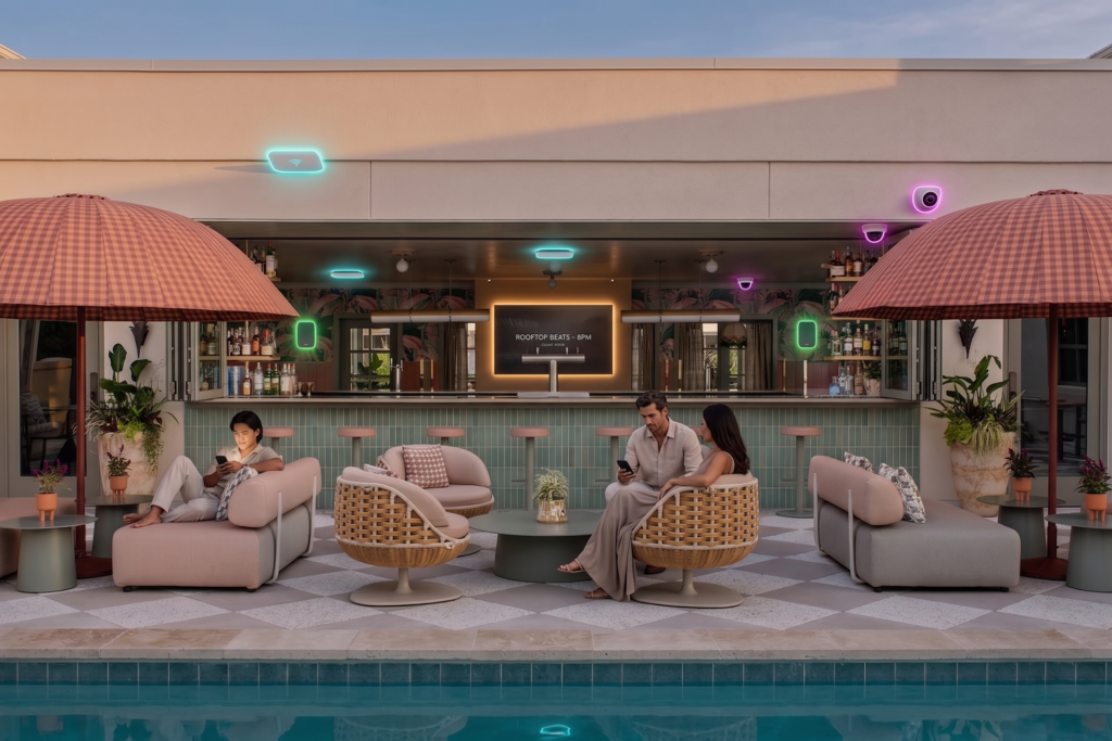 Poolside rooftop bar and lounge at the Ryder Hotel with overlaid icons for Wi-Fi, cameras and AV