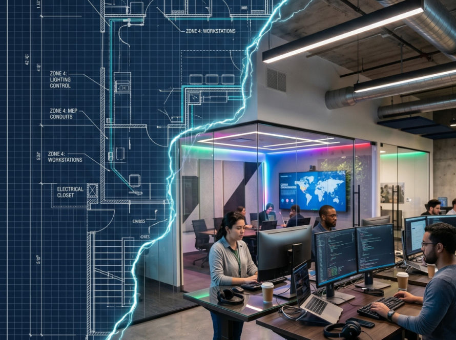 Blueprint of an office floor plan merging into the completed, tech-enabled office it depicts