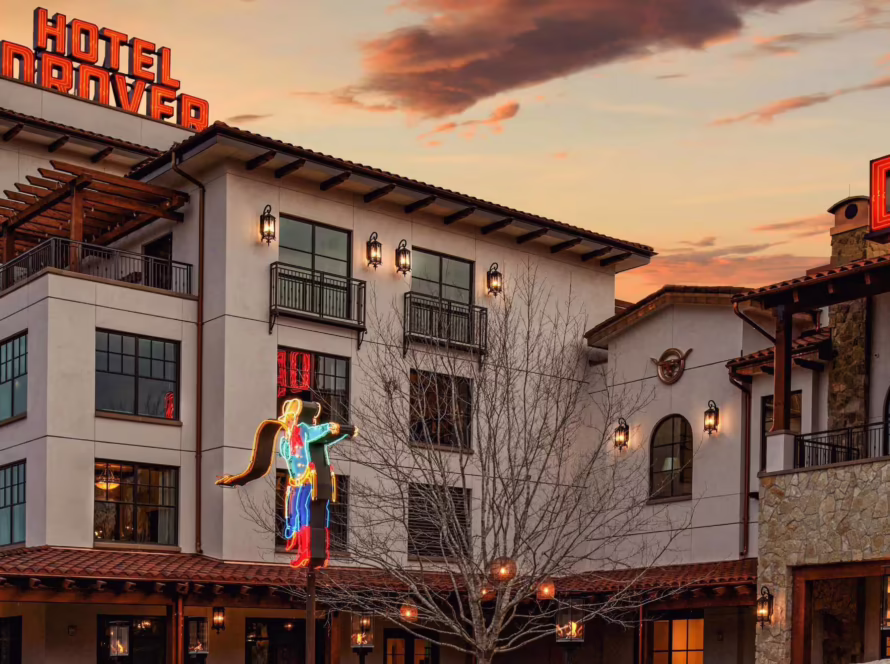 Exterior of Hotel Drover in the Fort Worth Stockyards at sunset