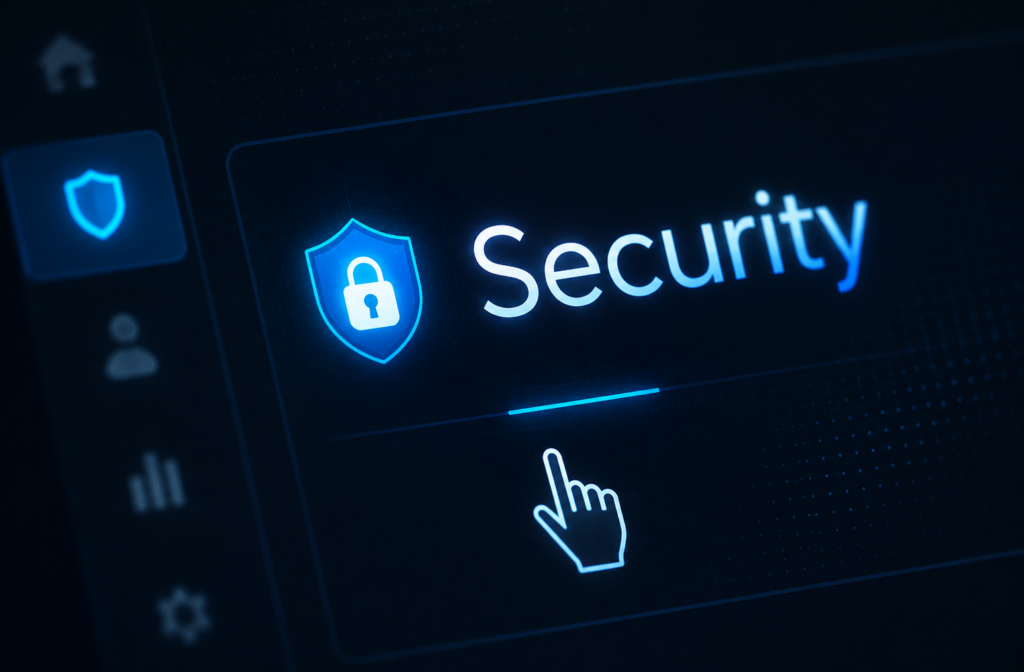 Digital interface showing a padlock shield icon and the word "Security" with a pointing cursor