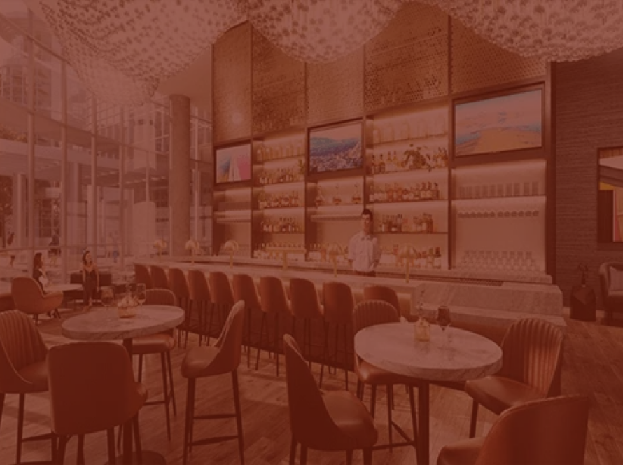 Hyatt Salt Lake City bar and restaurant rendering with long bar and seating, under a red color overlay