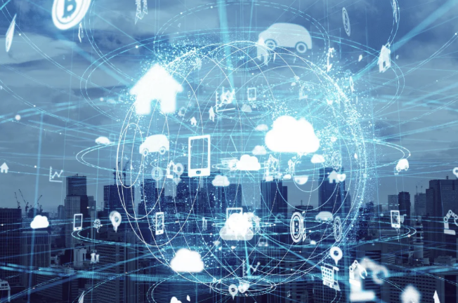 Digital network of connected device icons over a city skyline