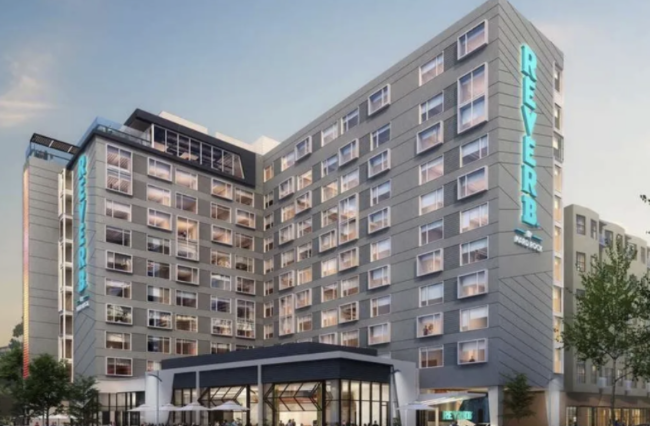Rendering of a Reverb by Hard Rock hotel tower with vertical teal Reverb signage