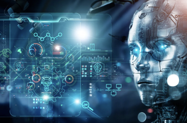 Humanoid AI face beside glowing digital interface graphics and data icons
