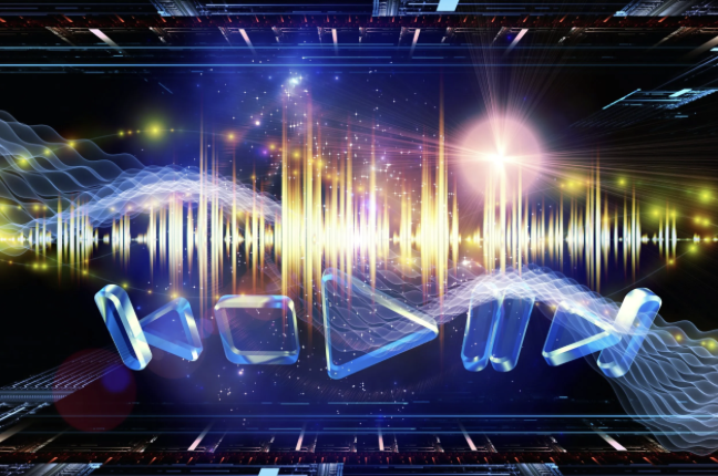 Abstract glowing sound waves with media player control symbols