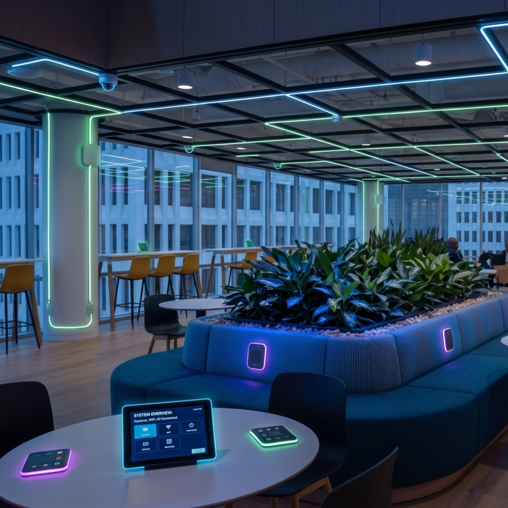 Rendering of a Visa office cafe with a touchscreen controller with glowing overlays of security cameras, Wi-Fi and cabling