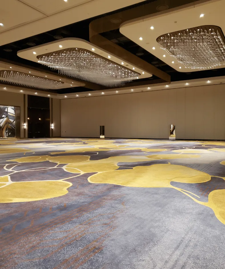 Wind Creek ballroom with crystal chandeliers and patterned carpet