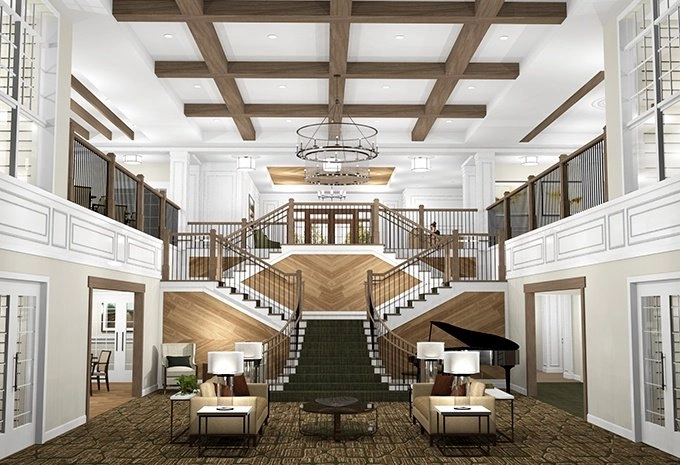 Rendering of a two-story lobby with grand staircase, coffered ceiling and piano at BrightView Columbia