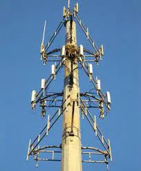 Cellular tower with DAS antennas against a blue sky