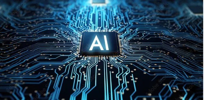 Glowing AI chip on a blue circuit board