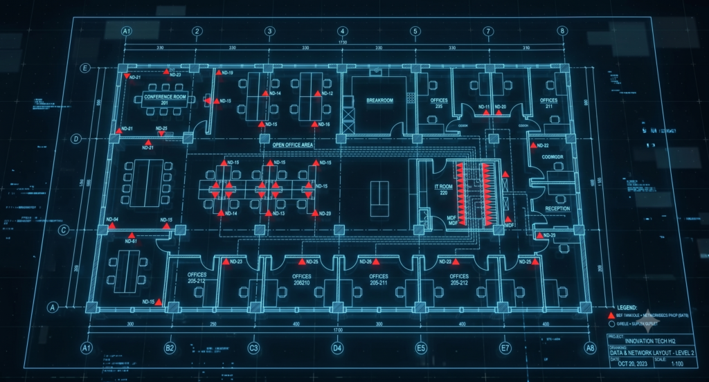 Glowing blue digital floor plan with red markers showing data and network outlet locations