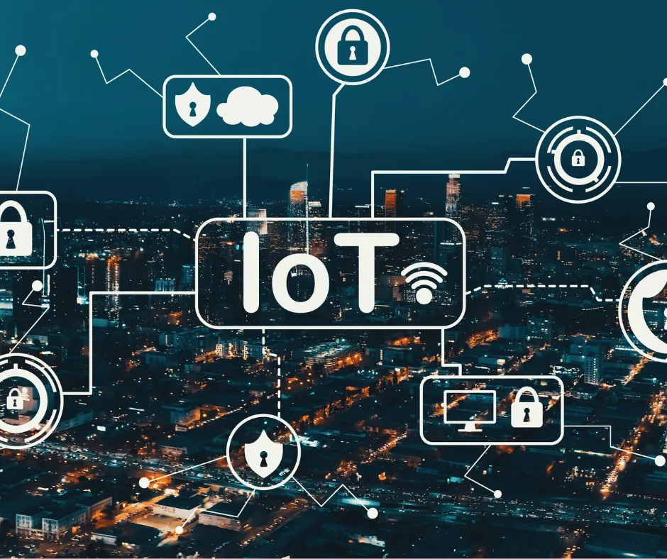 IoT graphic with connected security lock icons over a city at night