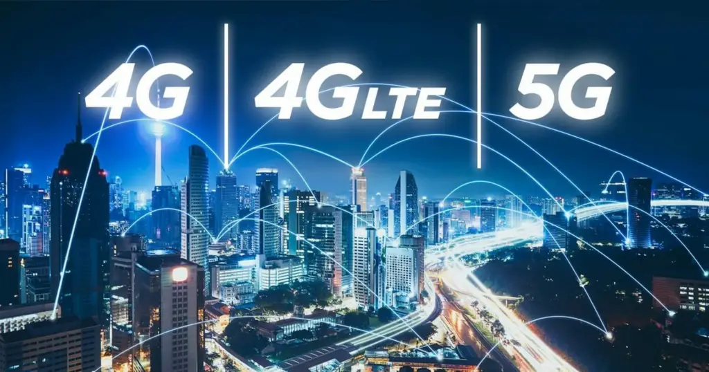 Night city skyline with connection lines and the labels 4G, 4G LTE and 5G
