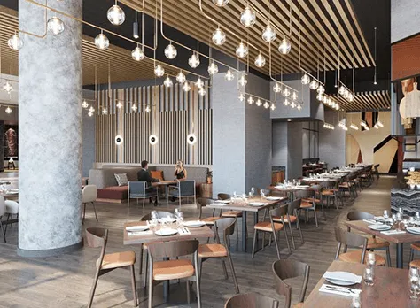Rendering of a hotel restaurant with pendant lights and dining tables