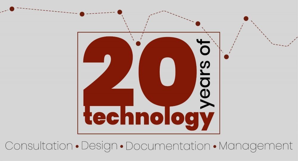 "20 years of technology" graphic: Consultation, Design, Documentation, Management