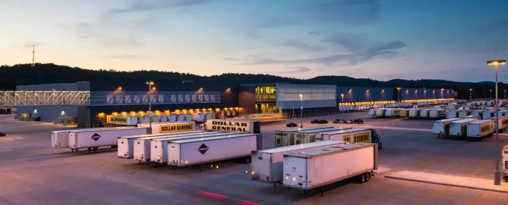 Distribution center at dusk with Dollar General trucks and trailers