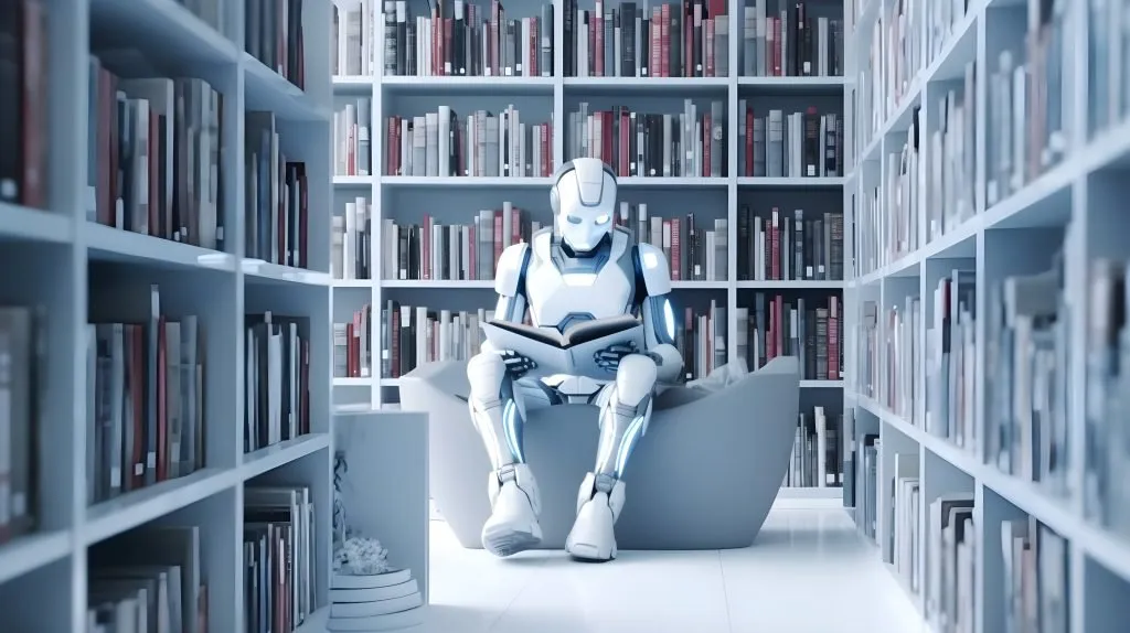Humanoid robot sitting and reading a book in a library