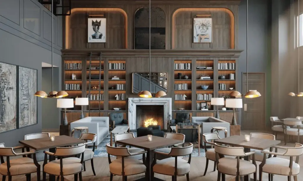 Hotel lounge with a double-height bookcase, fireplace and dining tables