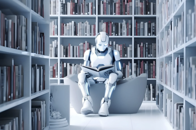 Humanoid robot sitting and reading a book in a library