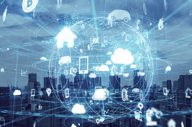 Digital network of connected device icons over a city skyline
