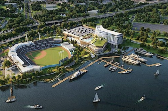 Aerial rendering of a waterfront ballpark with a hotel, marina and boats
