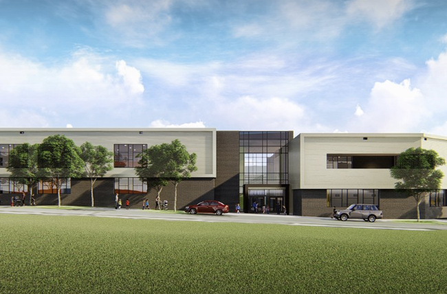 Rendering of a low modern building with glass entrance and lawn in front