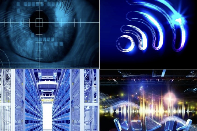 Collage of technology images: digital eye, Wi-Fi symbol, server room aisle and glowing sound waves