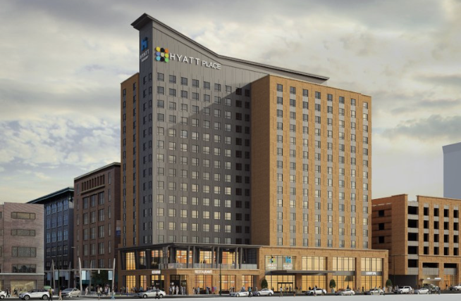 Rendering of a Hyatt Place hotel tower on a downtown street