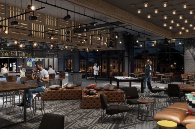 Rendering of a hotel bar and lounge with leather seating, games tables and string lights