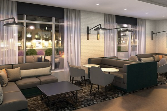 Rendering of a hotel lounge with sofas, booths and tables by tall windows