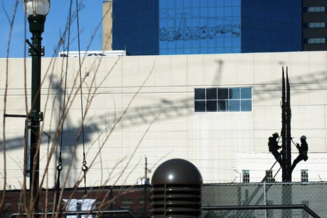 Workers climbing a utility pole near a building and glass high-rise downtown