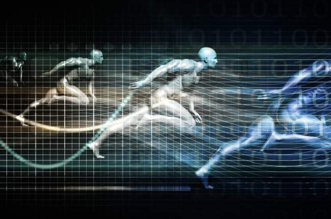 Digital illustration of translucent human figures running through a grid of binary code