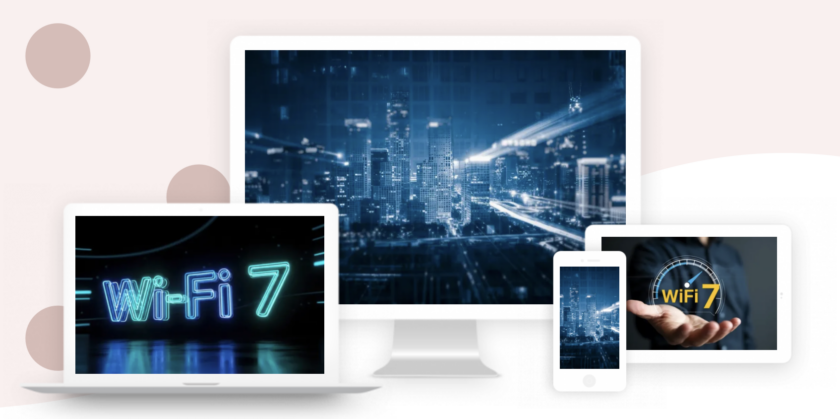 Laptop, desktop monitor, tablet and phone displaying Wi-Fi 7 graphics