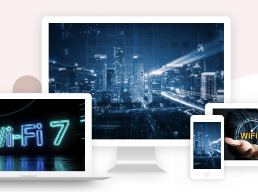 Laptop, desktop monitor, tablet and phone displaying Wi-Fi 7 graphics