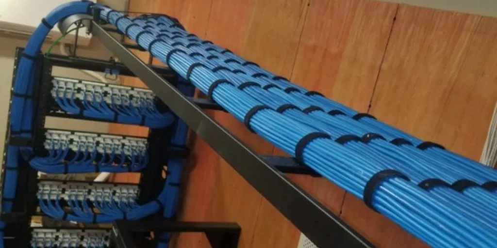 Bundled blue structured cabling routed along a ladder rack to patch panels