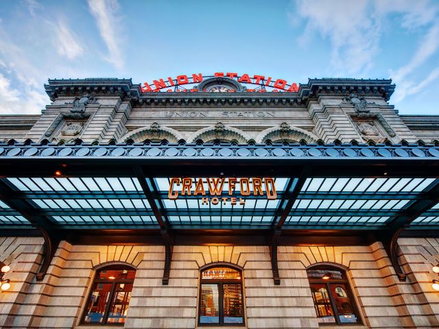 Union Station facade and Crawford Hotel sign, home of The Crawford Hotel in Denver