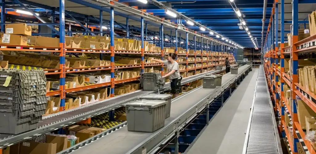 Dollar General distribution center aisle with shelving and conveyor