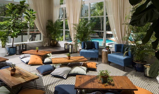 Generator hostel lounge with tropical plants, floor cushions, low wooden tables and windows facing a pool