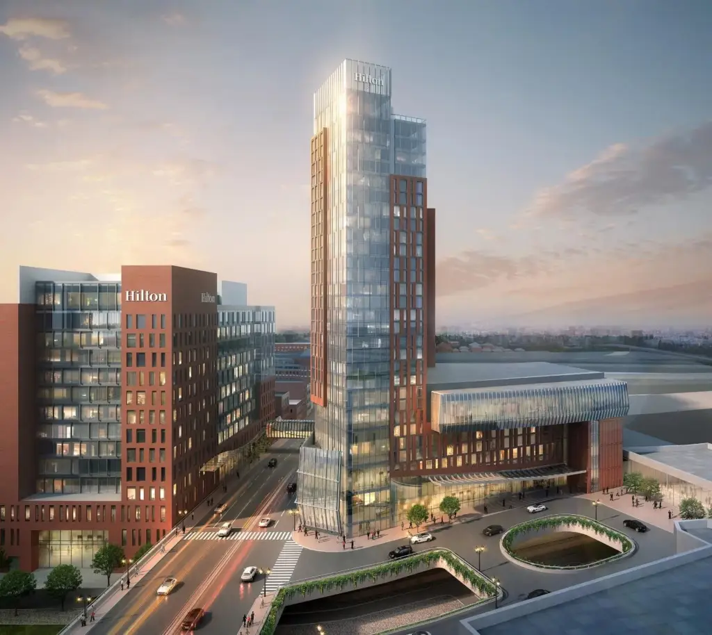 Rendering of the Hilton Columbus Downtown hotel tower and adjoining buildings