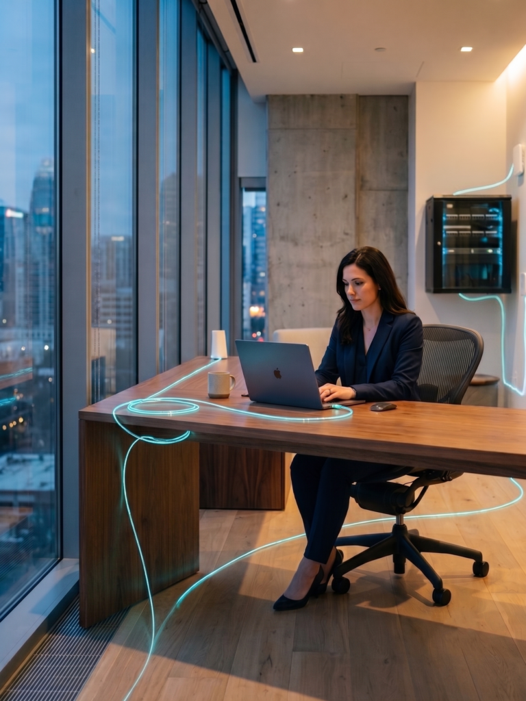 Woman working on a laptop at a desk with glowing cabling to a wall-mounted network rack