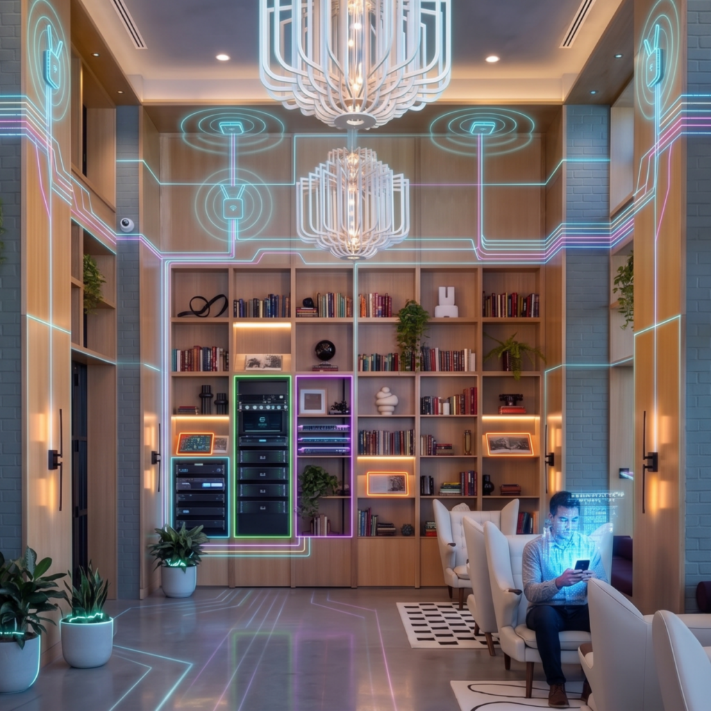 Rendering of a hotel lobby library with an equipment rack with glowing overlays of security cameras, Wi-Fi and cabling