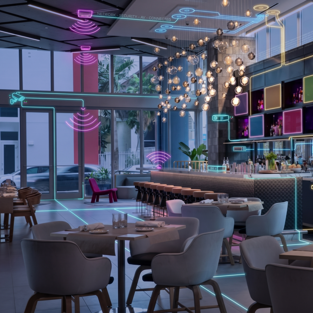 Rendering of a mixed-use restaurant and bar with glowing overlays of security cameras, Wi-Fi and cabling