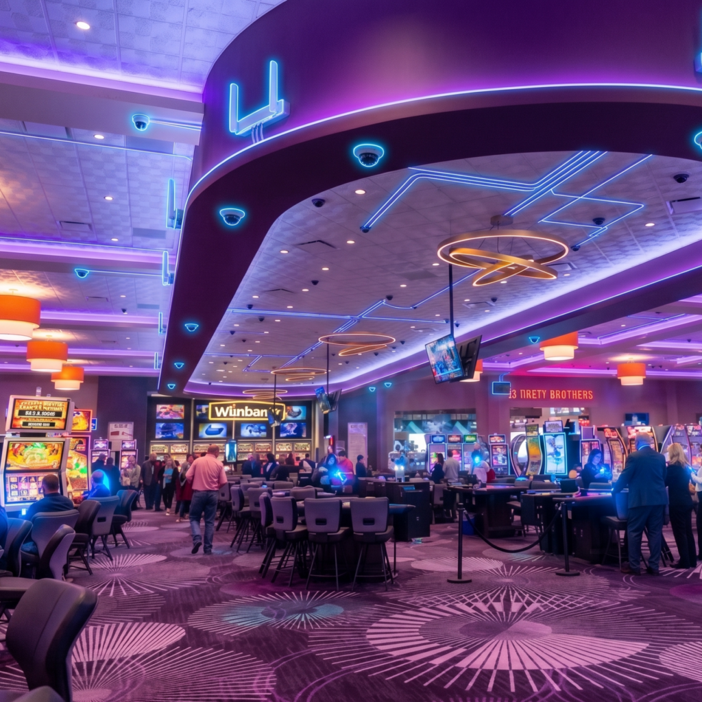 Rendering of a casino gaming floor with glowing overlays of security cameras, Wi-Fi and cabling