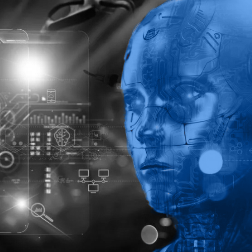 Black-and-white graphic of a humanoid robot face highlighted in blue beside digital interface icons