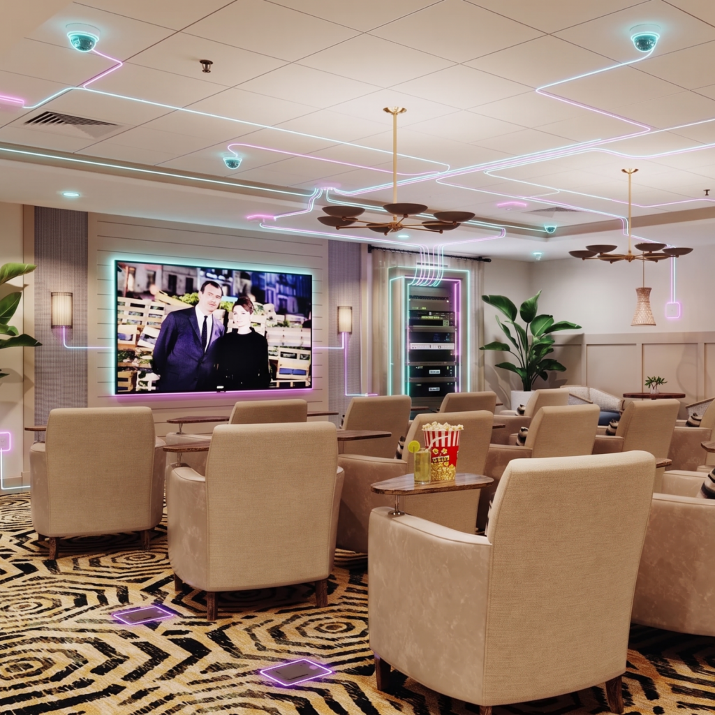 Rendering of a senior living movie theater lounge with glowing overlays of security cameras, Wi-Fi and cabling